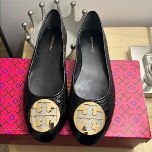 Tory Burch Black Flats with Gold Logo